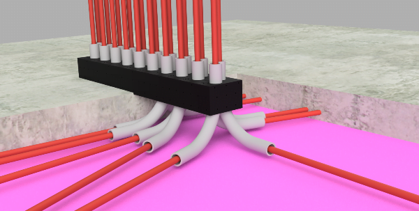 The HUG Hydronics radiant in-floor heating system's holey hose holder's tubing for the in-floor heating pex pipes can rotate to make pex pipe running easy and organized. The HUG Holey hose holder can be embedded in concrete. Easy as HUG Hydronics