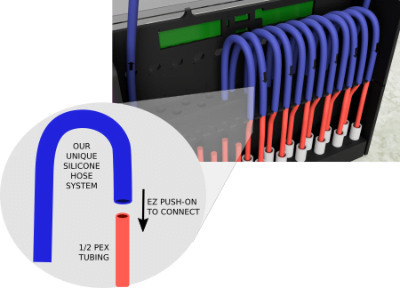 The HUG Hydronics radiant in-floor heating system connects to the in-floor pex heating pipes with no tools needed. Just push the  blue hose of the HUG HYdronics in-floor heating system right on to the pex pipes and secure with a clamp. Easy as HUG Hydronics