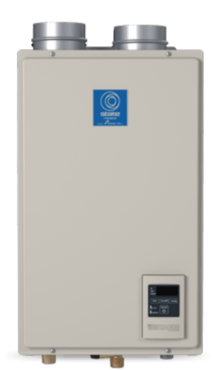 Tankless water heater condensing indoors, propane. Works seamlessly with the HUG Hydronics in-floor heating system. Easy as HUG Hydronics
