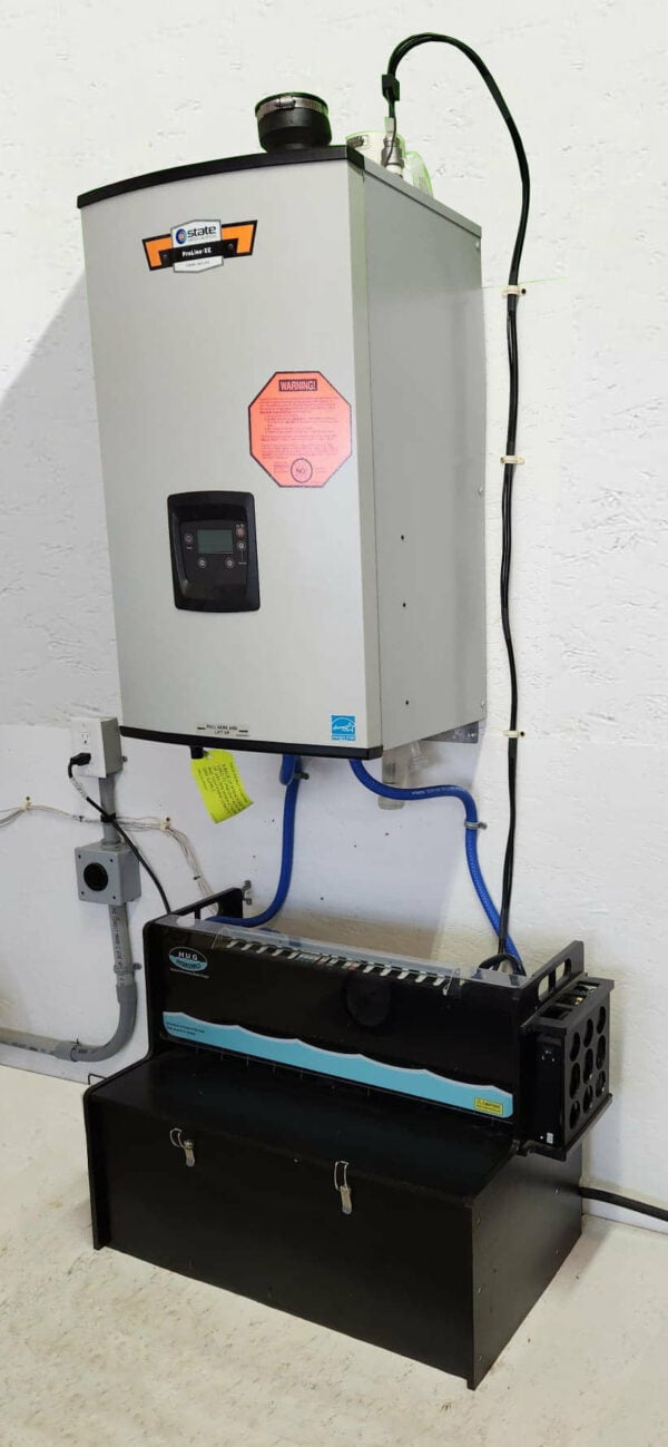 the state proline xe combi boiler hooked up with the HUG Hydronics in floor heating unit supplies both heating hot water and domestic