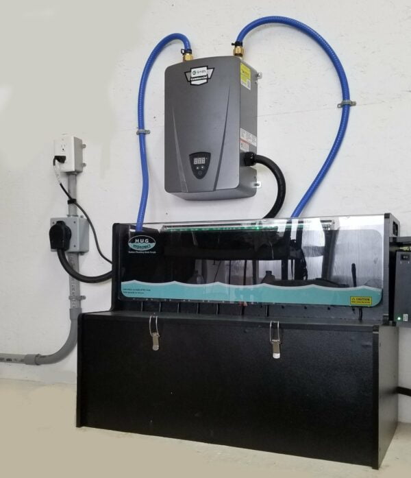 HUG Hydronics in floor h eating unit makes it simple to install and understand it yourself. Here is is seen with a plugged in electric on demand water heater. No pressure.